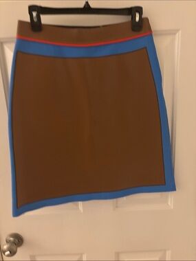 FENDI: Brown Leather Skirt with Blue and Red Trim Classic FENDI